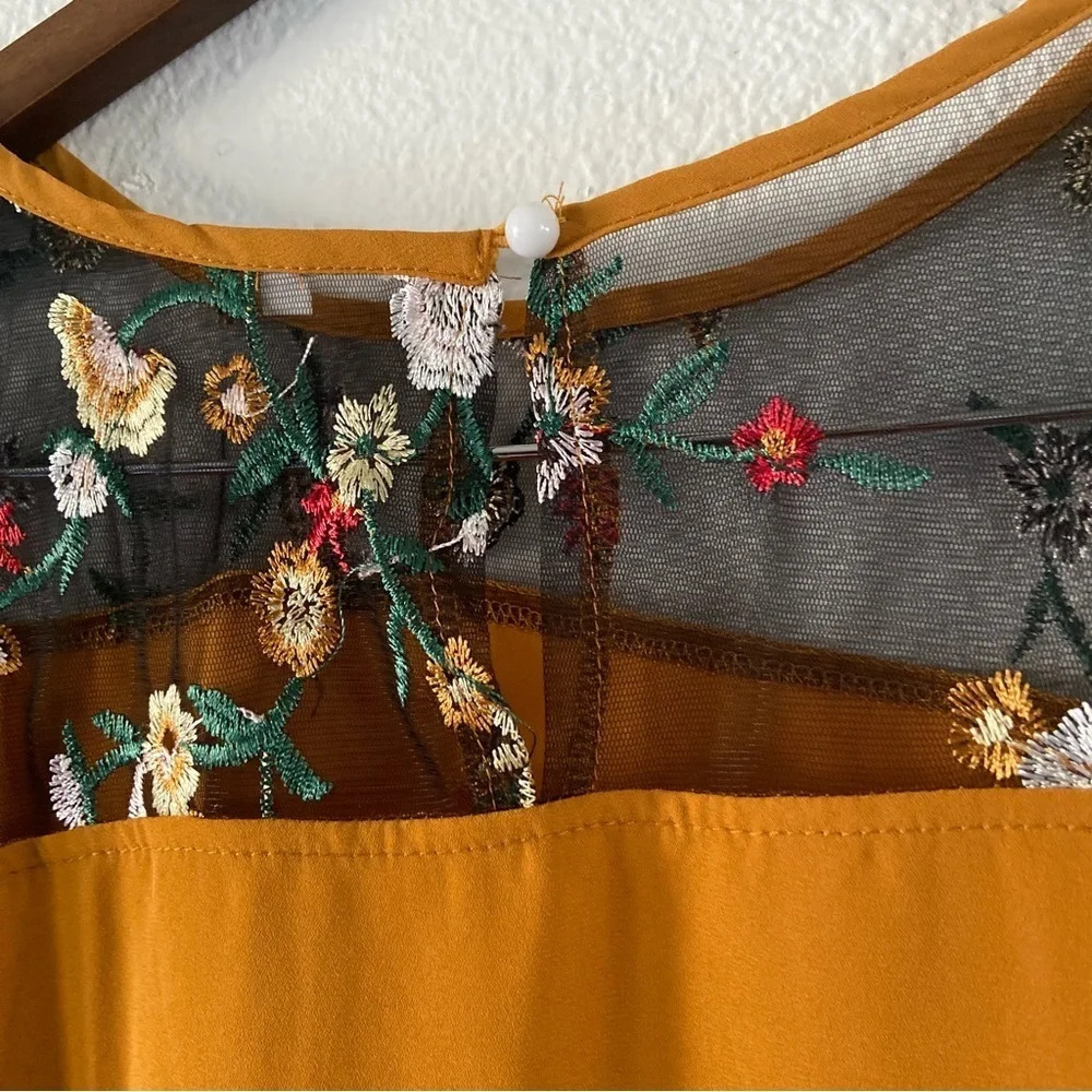 Mustard Yellow Folk Embroidered Eclectic Mesh Panel Top 3XL Boho Chic Plus - Picture 5 of 12
